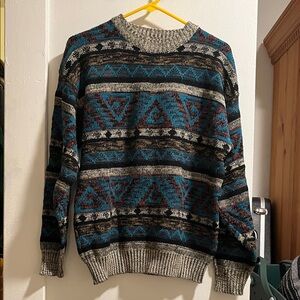 Vintage Geometric Pattern Sweater - Blue and Gray